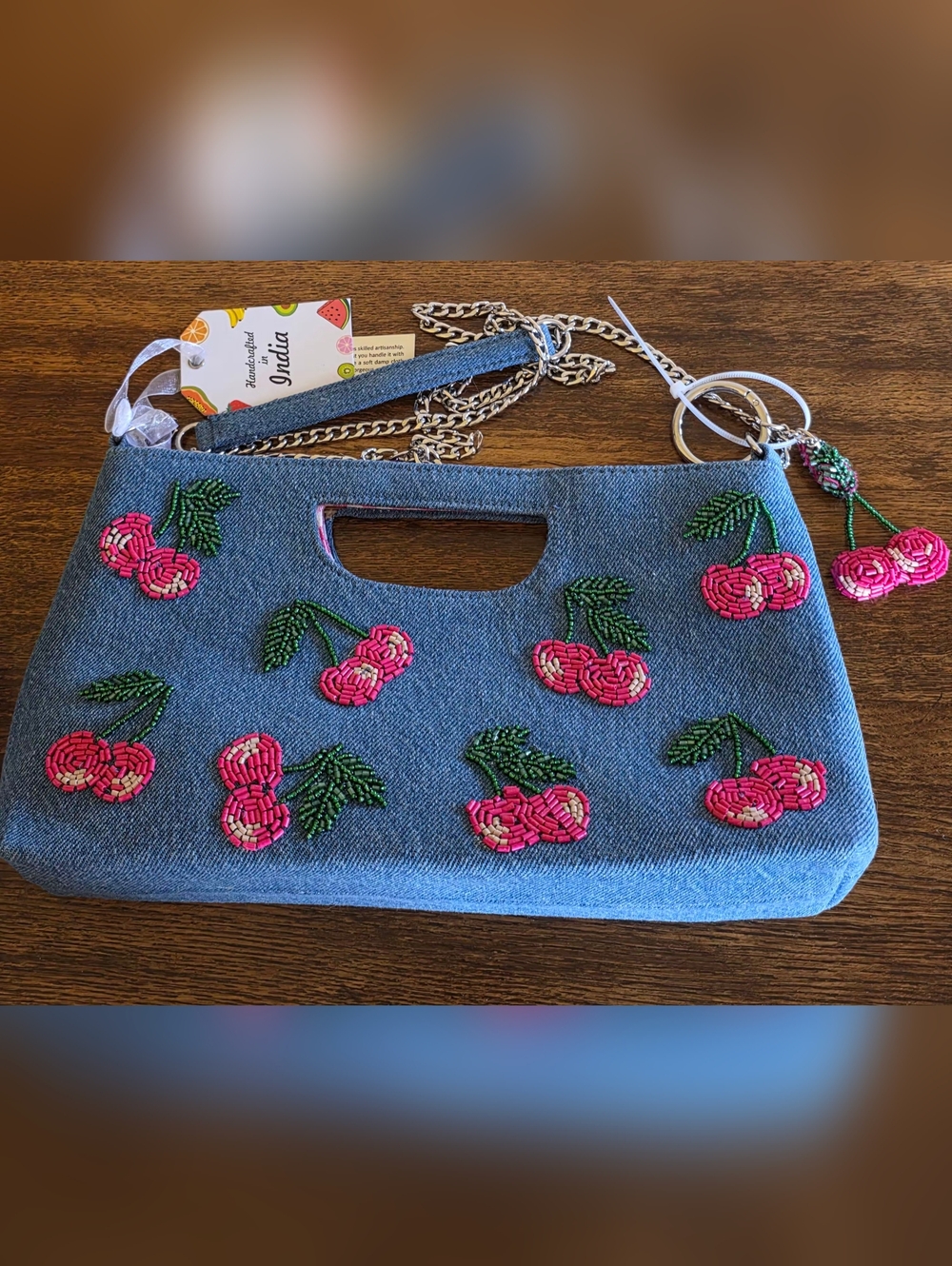 HANDMADE IN INDIA BLUE DENIM BEADED CLUTCH BAG W/ BAG CHARM *CHERRIES* NEW - Picture 16 of 16
